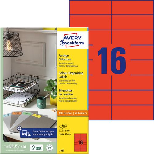 Universele etiketten avery zweckform 3452 105x37mm rood