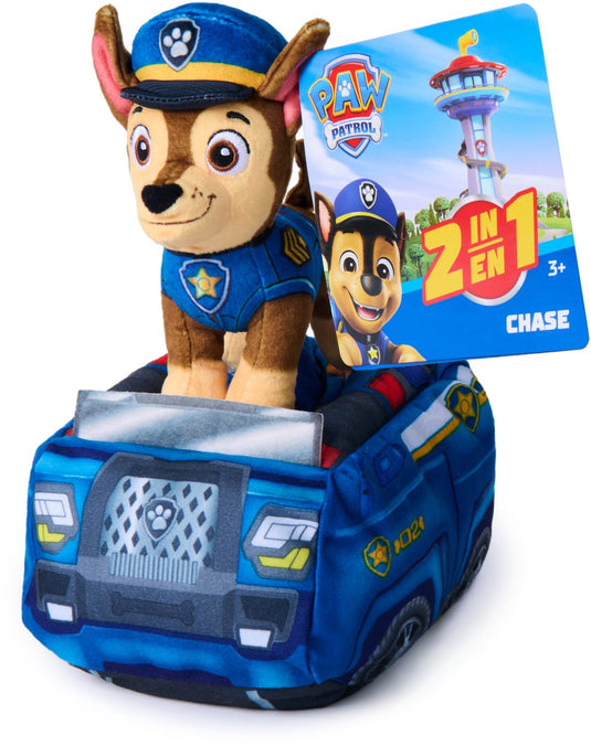 Paw patrol - chase 2-in-1 pluchen voertuig - knuffel van 15,2 cm met pluchen politieauto van 20,3 cm - knuffels