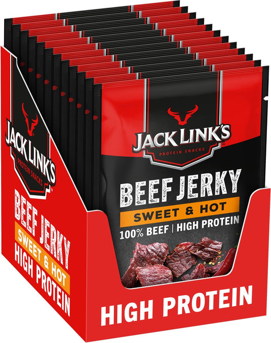 Jack link's sweet hot beef jerky - high protein - 100% beef - hoog in eiwitten - ideale proteine snack - voor tussendoor, onderweg of voor het sporten - 12x25g