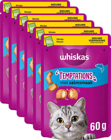 Whiskas kattensnacks - temptations snoepjes - zalm - 6x60g