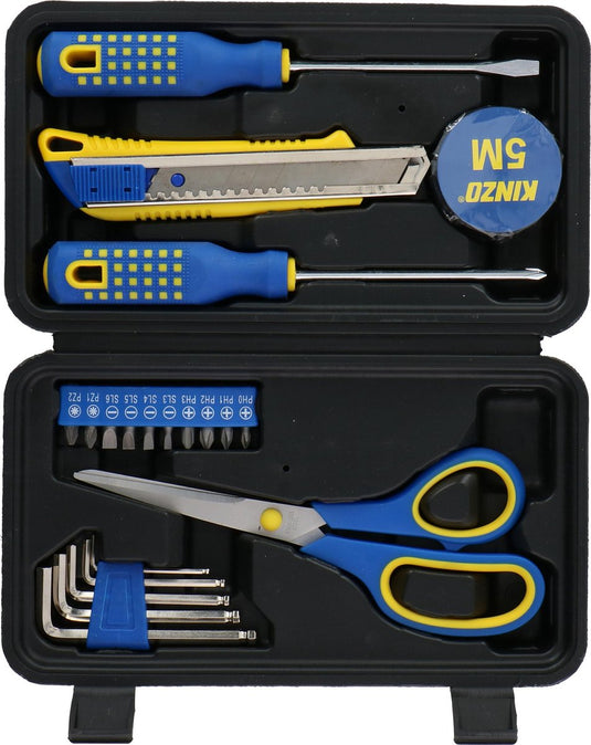 Kinzo gereedschapsset 21-delig - gereedschapskoffer gevuld - 2x schroevendraaier, schaar, mes, inbussleutels, rolmeter, tape, bits