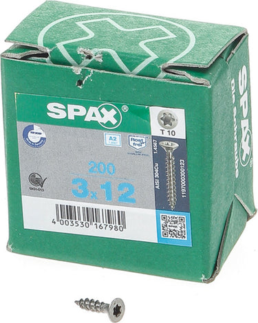 Spax - spaanplaatschroeven - torx 10 platkop - 3 x 12mm - voldraad - rvs (200 stuks)