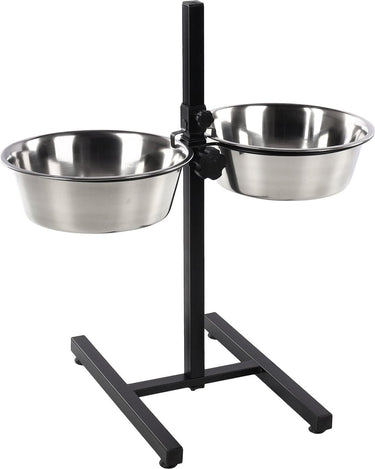 Flamingo voerbak hond – duo dinner staander otis zilver zwart 2x4l – verstelbare eet- en drinkpot met inox kommen