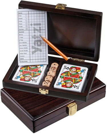 Philos kaartset met dobbelstenen en yahtzee scorekaart - houten box
