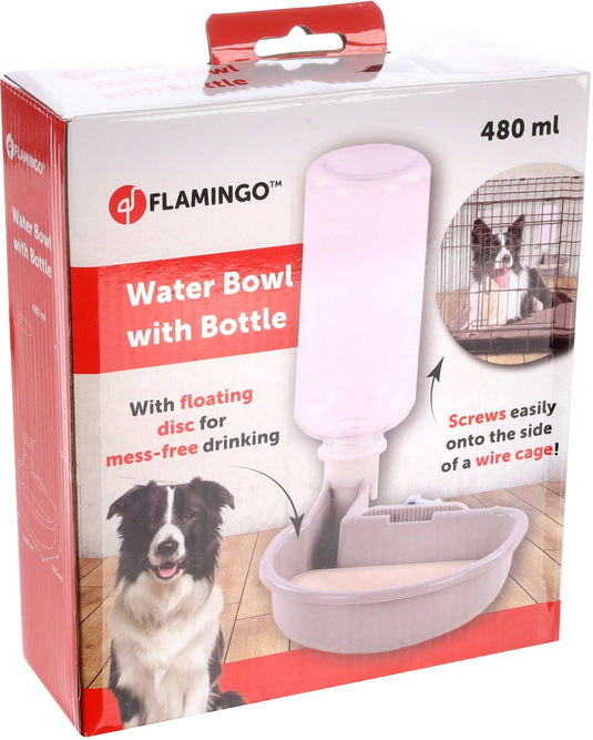 Flamingo drinkfles hondenbench – drinkbak bench hond – drinkfles transportbench – anti-mors systeem – universeel klemsysteem – diza grijs – 480 ml