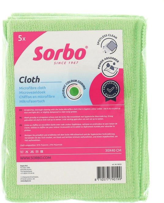 Sorbo professionele microvezeldoeken - groen - 30x40 cm - schoonmaakdoeken - 5 stuks