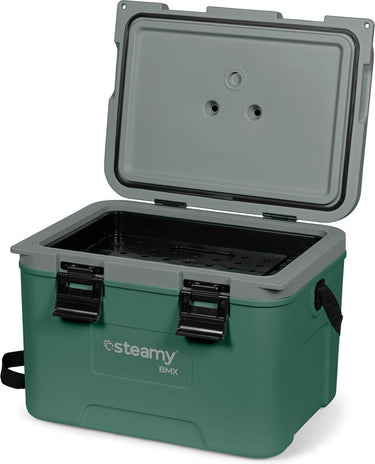 Steamy bmx 21 - middelgrote koelbox speciaal voor de bouw - inclusief verdeelwand en inlegbakje - 21 liter - groen
