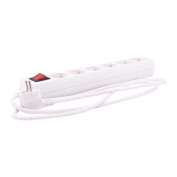 Plug socket white 1,5M, with switch and protective earth. 6 connections (suspended package)