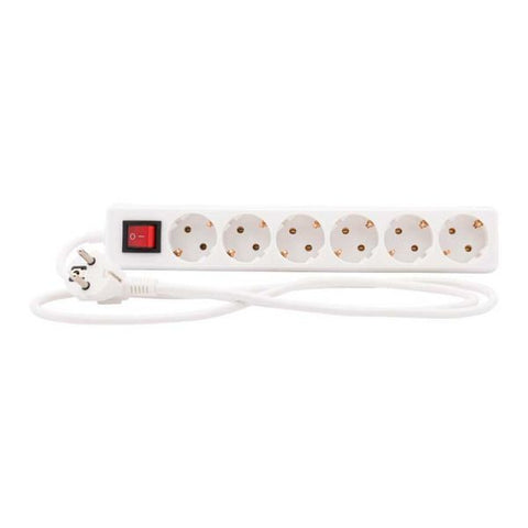 Plug socket white 1,5M, with switch and protective earth. 6 connections (suspended package)