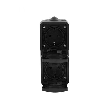 Q-link - wandcontactdoos - buitenstopcontact - opbouw - verticaal - dubbel stopcontact - spatwaterdicht ip54 - randaarde - kinderbeveiliging - mat zwart