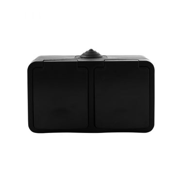 Q-link - wandcontactdoos - buitenstopcontact - opbouw - horizontaal - dubbel stopcontact - spatwaterdicht ip54 - randaarde - kinderbeveiliging - mat zwart