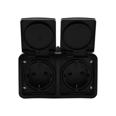 Q-link - wandcontactdoos - buitenstopcontact - opbouw - horizontaal - dubbel stopcontact - spatwaterdicht ip54 - randaarde - kinderbeveiliging - mat zwart