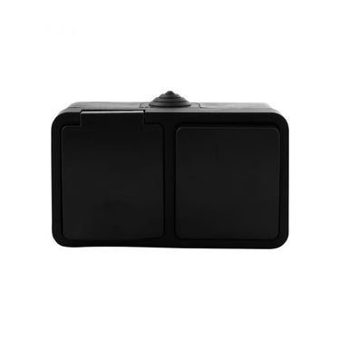 Q-link - wandcontactdoos - opbouw - 1-voudig stopcontact - 1-voudig wisselschakelaar - spatwaterdicht ip54 - randaarde - kinderbeveiliging - mat zwart