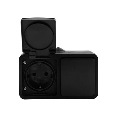 Q-link - wandcontactdoos - opbouw - 1-voudig stopcontact - 1-voudig wisselschakelaar - spatwaterdicht ip54 - randaarde - kinderbeveiliging - mat zwart