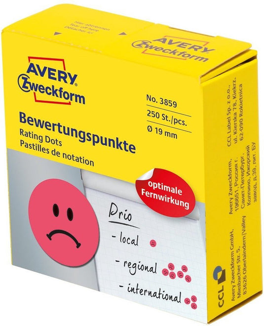 Avery beloningssticker smiley - ø 19 - rood - boos gezicht - 250