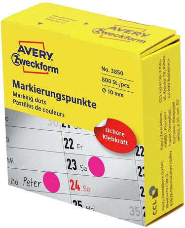 Avery -zweckform 3850 etiketten voor markeringspunten diameter 10 mm magenta 800 stuks permanent papier