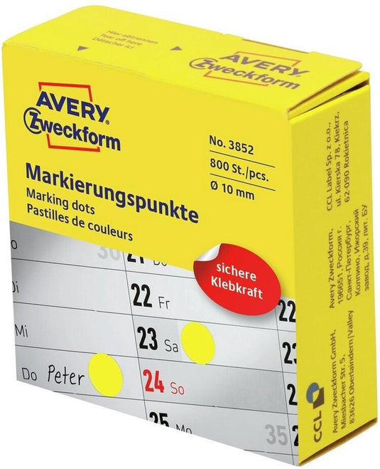 Avery -zweckform 3852 etiketten voor markeringspunten diameter 10 mm geel 800 stuks permanent papier