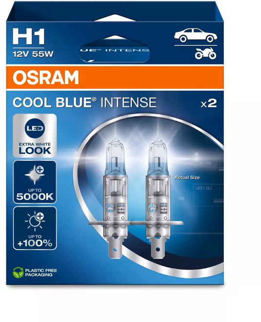 Osram cool blue intense next gen h1 halogeen autolampen – witter licht en tot 100% meer zicht - duitse kwaliteit - set met 2 lampen - 64150cbn-2hb