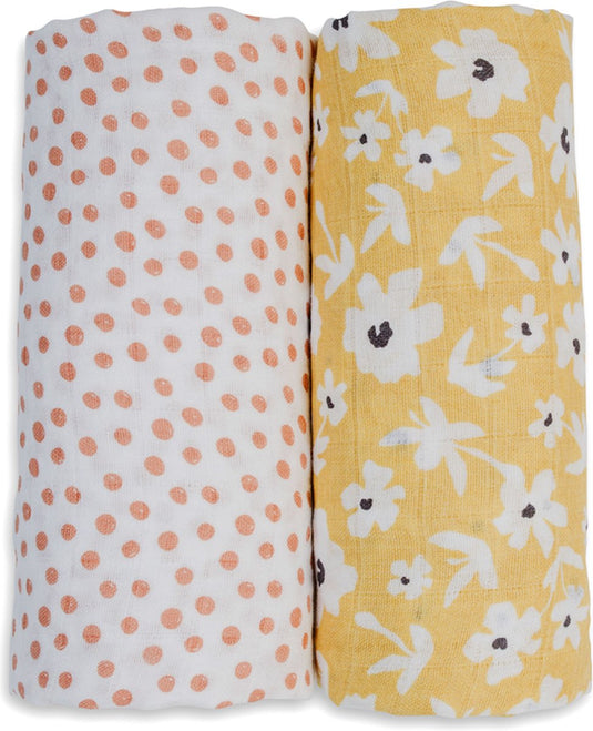 Lulujo - hydrofiele doek - swaddle - katoen - 100x100 cm - 2-pack - yellow wildflowers dots