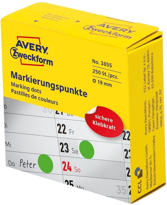 Avery marking dots, diameter 19 mm, rol met 250 stuks, groen