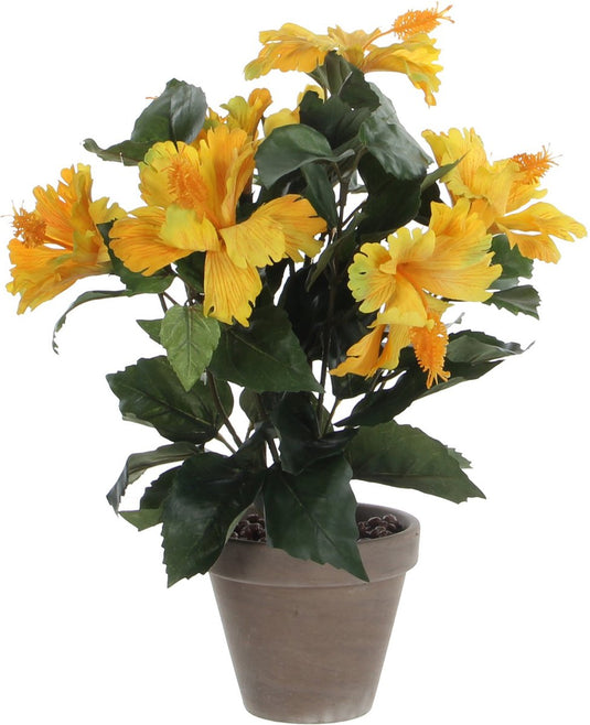 Mica decorations kunstplant hibiscus - geel - h40 x d30 cm - grijze pot - kunstplanten nepplanten met bloemen