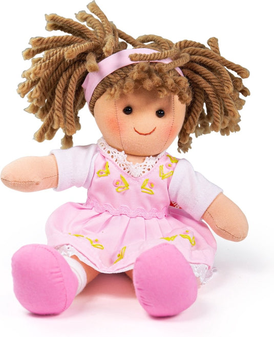 Bigjigs stoffen pop rose - - meisjespop met roze jurk - 28 cm