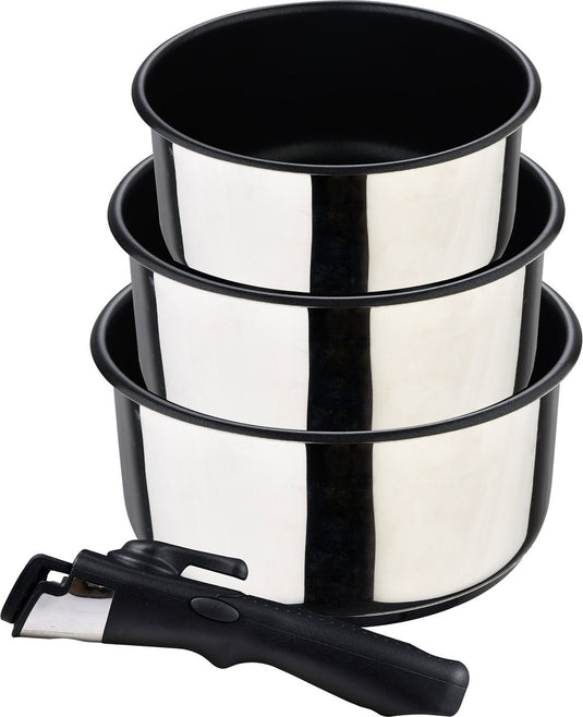 Bergner click cook - 4-delige pannenset - gemaakt van roestvrij staal en met antiaanbaklaag - bevat 3 pannen van 16, 18 en 20 cm + afneembare steel - voor alle soorten kookplaten en ovens - roestvrijstalen pannen
