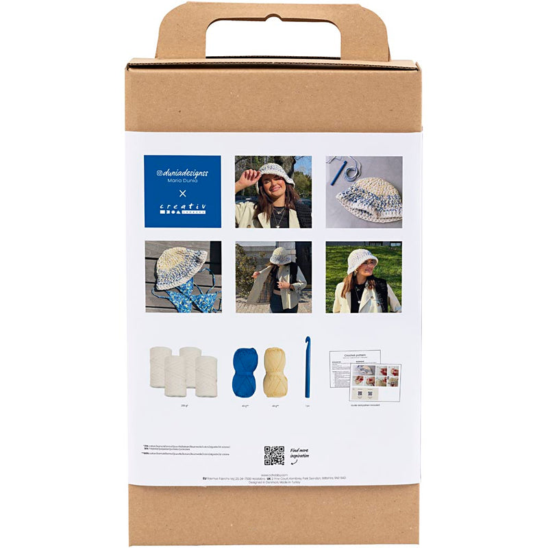 Load image into Gallery viewer, Creativ company https: www.cchobby.nl hobbyset-haken-grote-zonnehoed-blauw-licht-naturel-geel-1-doos
