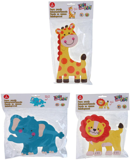 Let's play let’s play schuimpuzzel 6 stuks – schuimpuzzel dieren voor kinderen – puzzel van schuim – 6 puzzelstukken – giraf, olifant en leeuw - 1 willekeurige variant