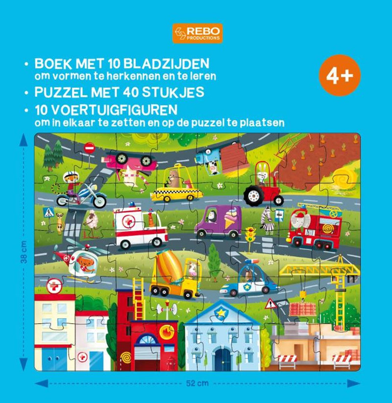 Load image into Gallery viewer, Rebo publishers voertuigen puzzel, boek + 10 figuren. 4+
