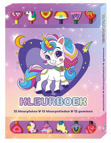Kleurboek box met 12 potloden en gummen