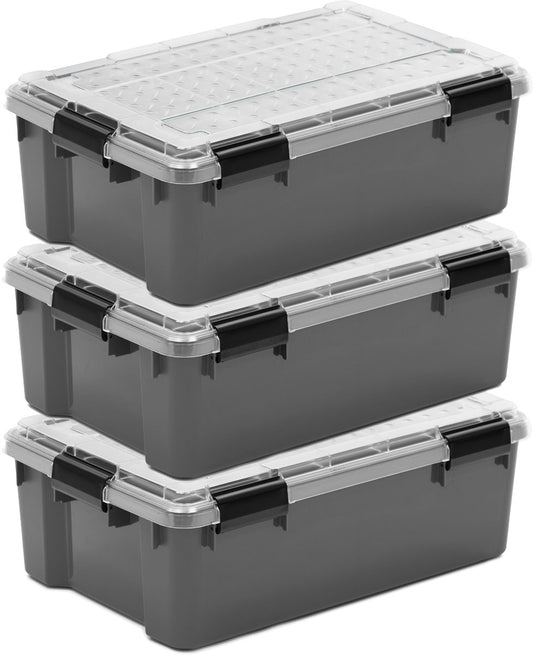 Iris outdoor opbergbox met polycarbonaat deksel - 30l - extra strong - met clips - waterdicht en luchtdicht - grijs transparant zwart - set van 3