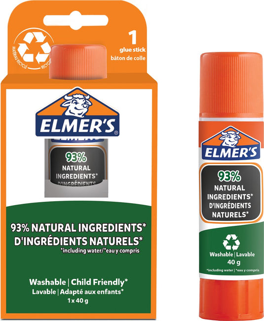 Elmer's pure lijmstiften | 93% natuurlijke ingrediënten | 100% hergebruikt plastic | geweldig voor knutselen en op school | uitwasbaar en kindvriendelijk | 40 g | 1 stuk