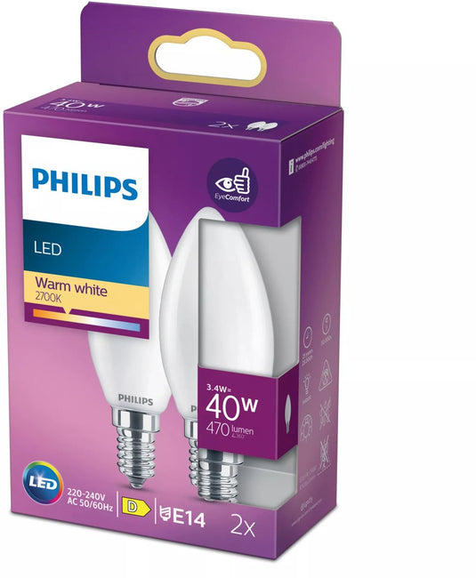 Philips led lamp - kaarslamp met e14 fitting - warmwit licht: 2700k - 40w - mat glas - 2-pack