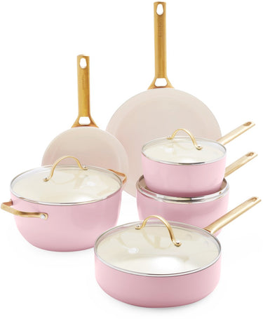 Greenpan padova aluminium pannenset 10-delig - ø18cm-28cm - pfas-vrij - inductie - ovenbestendig tot 200 graden - gouden rvs handgrepen - roze - incl deksels