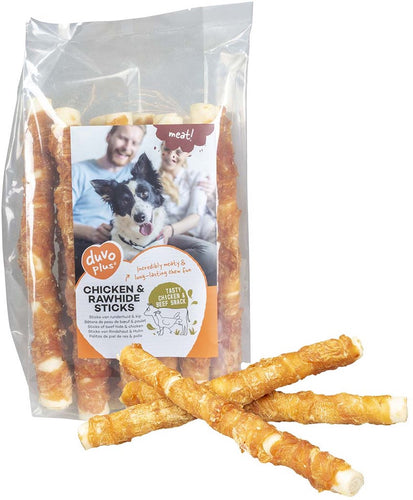 Duvo plus meat! snack kip runderhuid sticks voor honden l-25cm-1kg