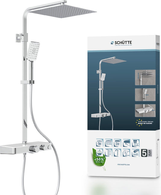 Schütte ocean douchesysteem - regendouche - met thermostatische douchekraan - geïntegreerd glazen planchet - met push-button omsteller - hartafstand 150 mm - chroom wit