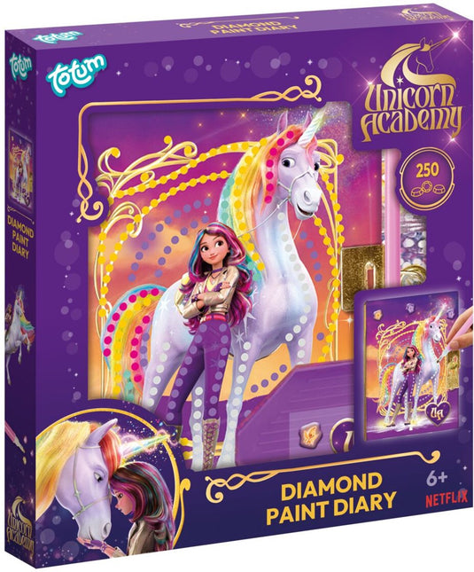 Totum unicorn academy diamond painting geheim dagboek met slot versieren met 250+ diamantjes - speelgoed cadeau tip secret diary