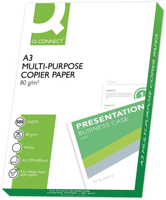 Q-connect kopieerpapier, a3, 80 g, 1 doos met 5 pakken van 500 vel, wit