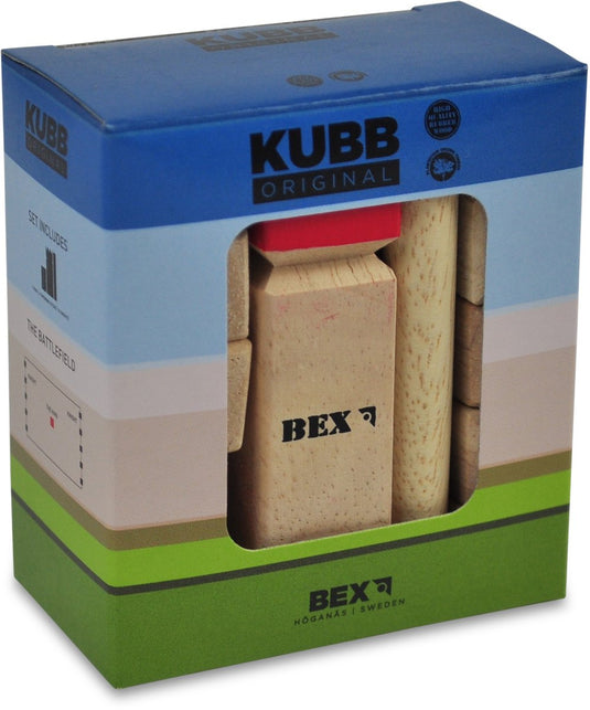 Bex kubb mini – zweeds vikingschaak – tafelmodel decoratief spel – massief rubberhout – koning met rode kroon – vanaf 8 jaar