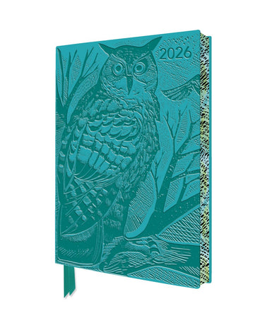 Flame tree angela harding: long eared owl 2026 artisan art vegan leather diary planner - page to view with notes