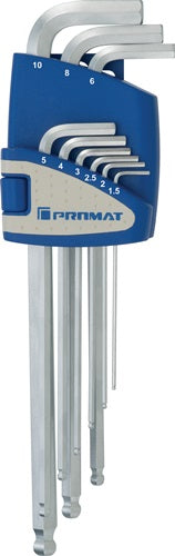 Promat tecwerk haakse schroevendraaierset | 9-delig kunststof houder | sw 1,5-10 mm | lang kogelkop - 4000825111