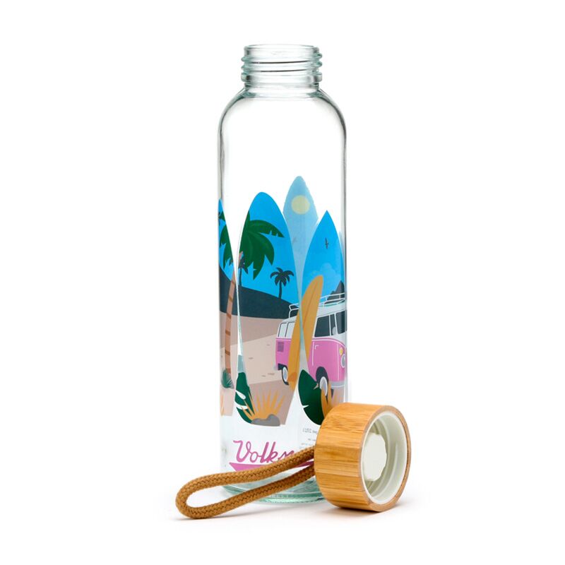 Load image into Gallery viewer, Volkswagen busje vw t1 waves 500ml duurzame glazen waterfles bamboe deksel
