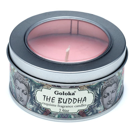 Goloka boeddha paraffine wax geurkaars in blik