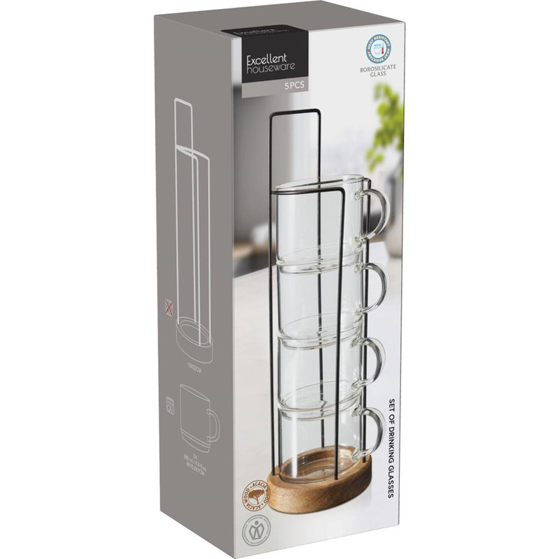 Load image into Gallery viewer, Excellent houseware drinkglas set 280ml met metaal hout standaard 8x7x10,8cm
