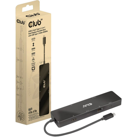 Club 3d usb-c 3.2 gen2 6-in-1 dual displays portable dock