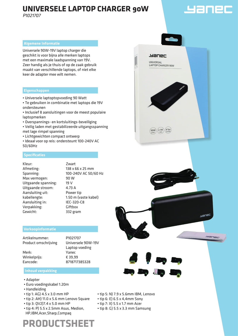 Load image into Gallery viewer, Universeel yanec universele laptop ac adapter 90w met 8 tips - zwart
