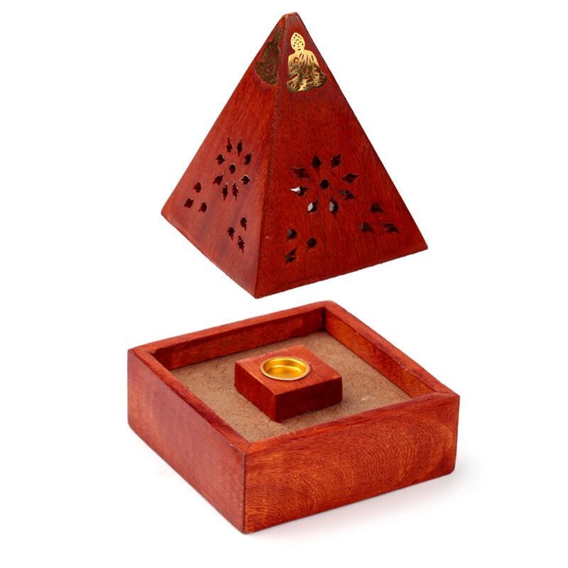 Load image into Gallery viewer, Mango hout piramide wierookhouder kegels boeddha
