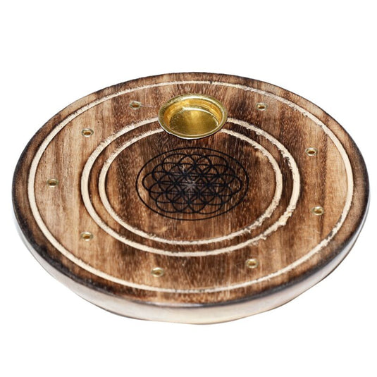 Mango hout ronde flower of life wierookhouder