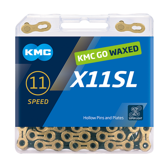 Kmc chain x11sl ti-n 118l box waxed 11-speed gold black